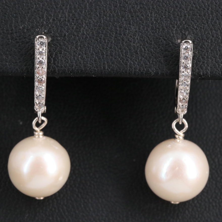 Sterling Silver Pearl and Cubic Zirconia Dangle Earrings