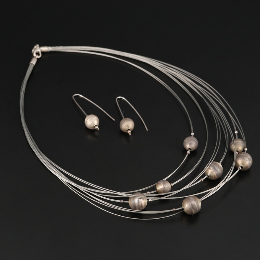 Multi-Cable Wire Station Necklace with Sterling Accents and Drop Earrings