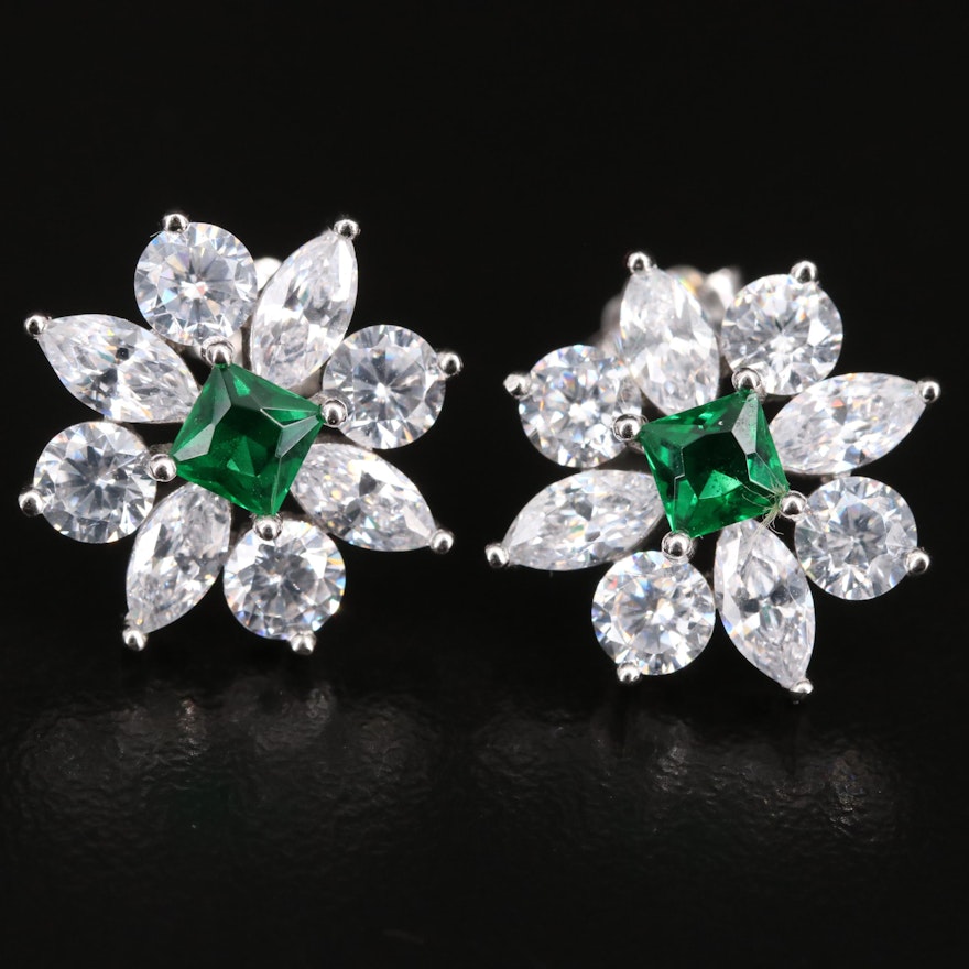 Sterling Silver Cubic Zirconia and Glass Flower Button Earrings