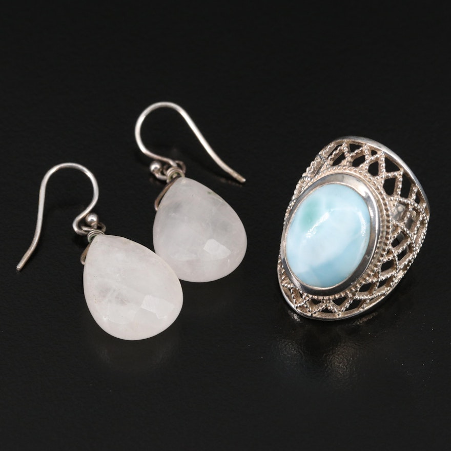 Sterling Silver Larimar and Rose Quartz Ring and Dangle Earrings