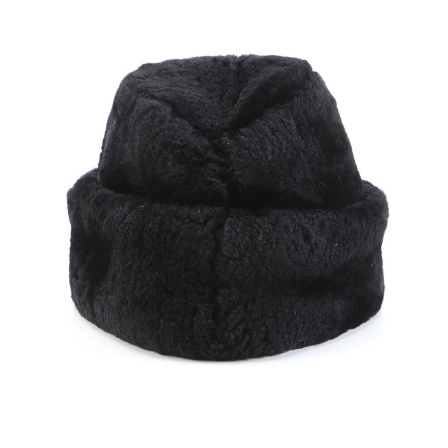 Brooks Brothers Dyed Black Mouton Lamb Fur Winter Hat with Ear Flaps