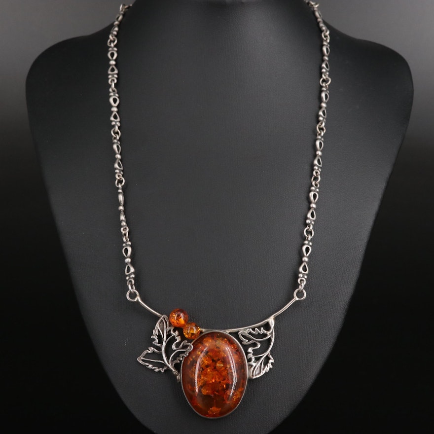 Sterling Silver Amber Stationary Pendant Necklace