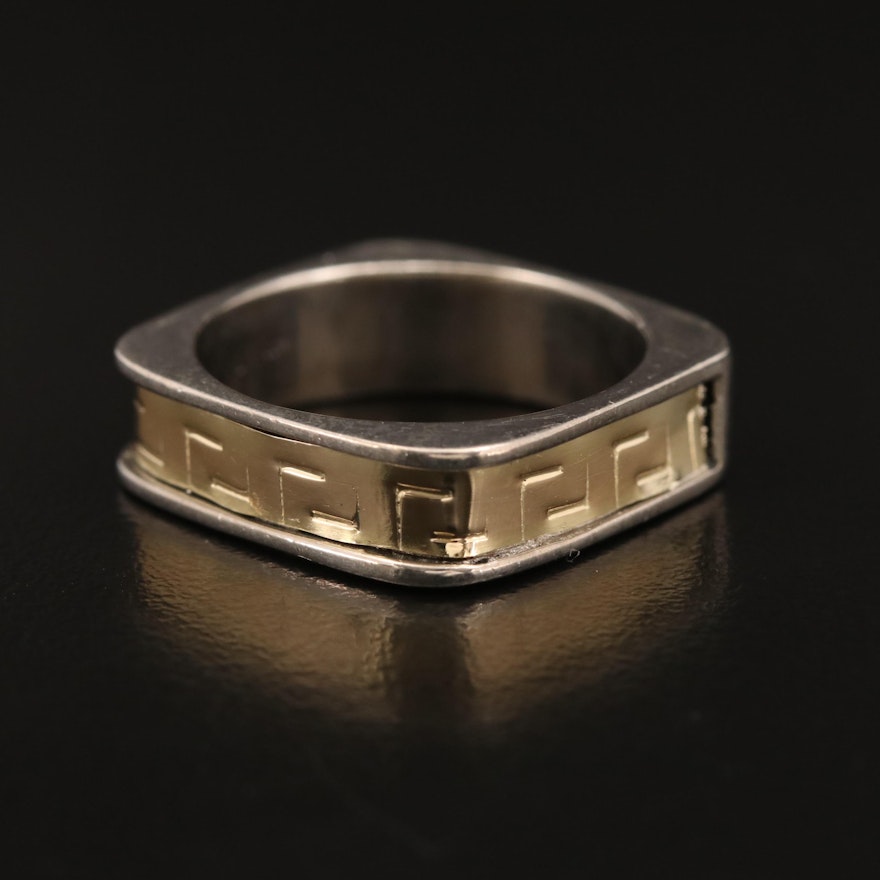 Sterling Square Shank Greek Key Band with 18K Accents