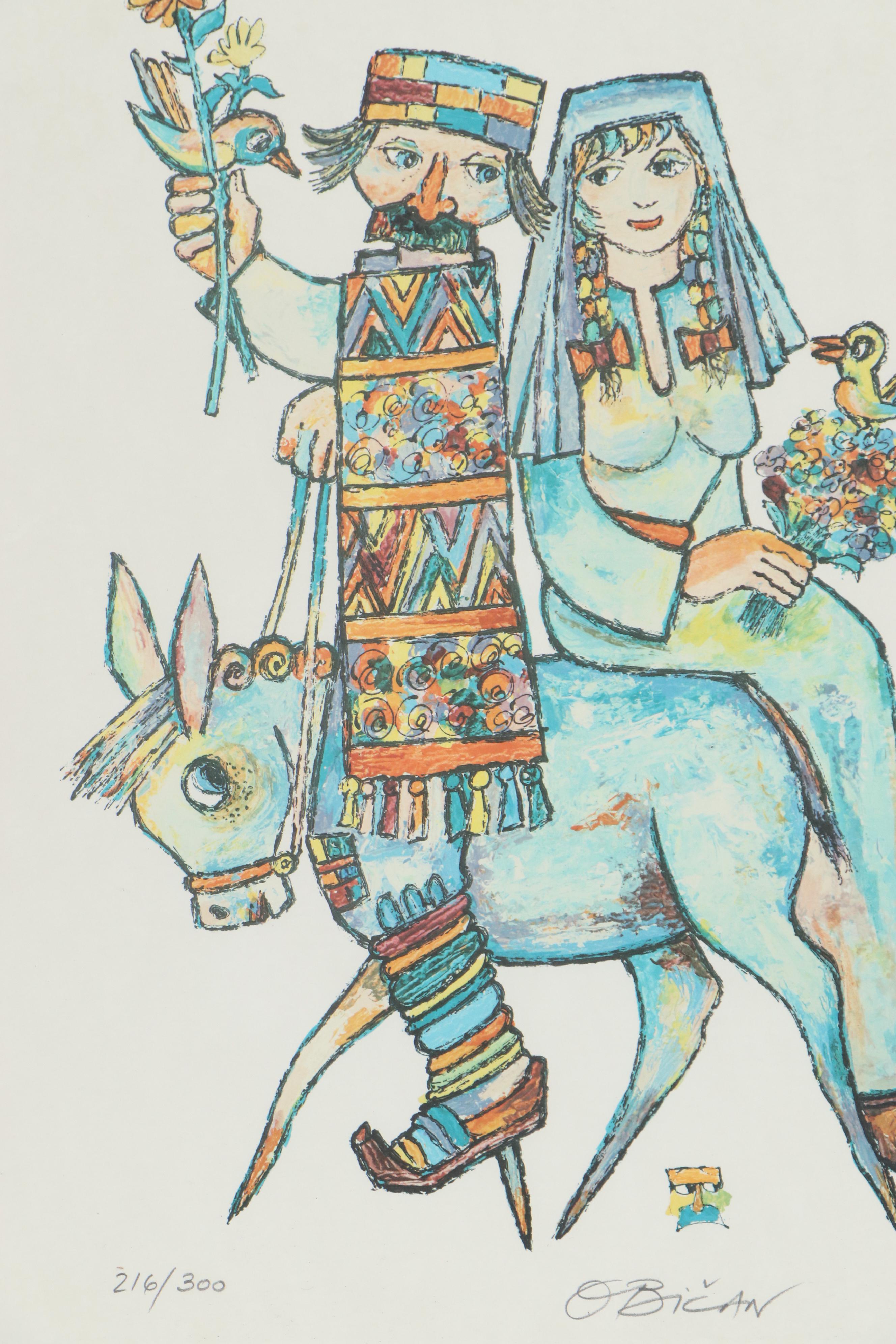 Jovan Obican Lithograph "Celebration," Mid-20th Century