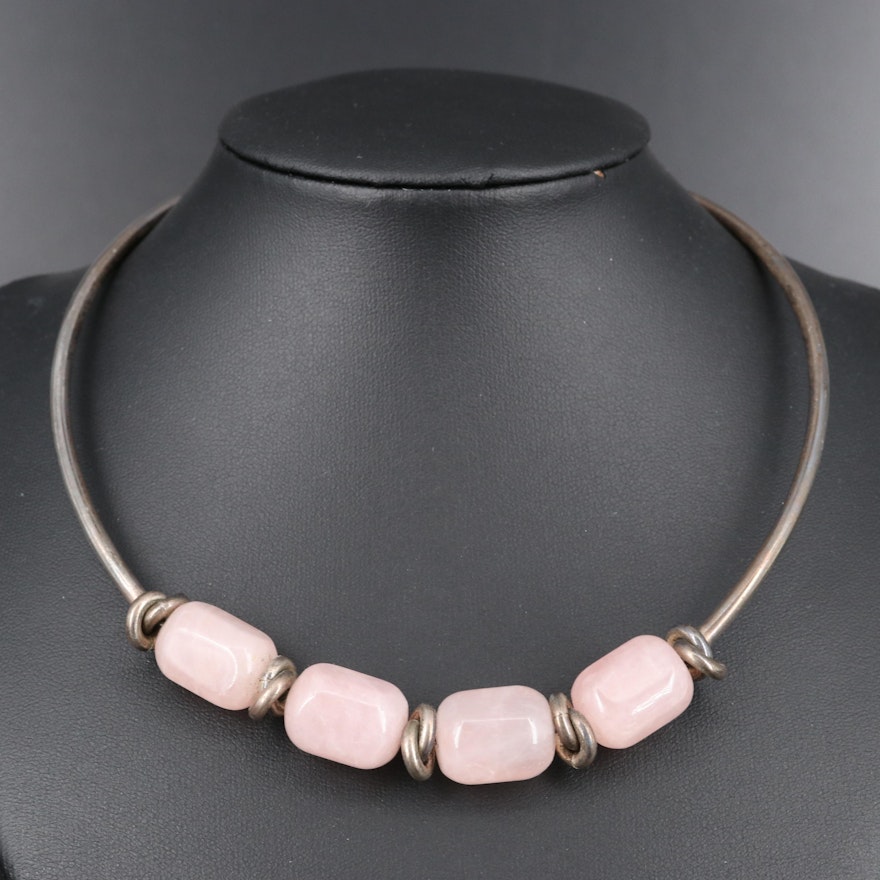 Sterling Silver Rose Quartz Beaded Knot Choker Necklace