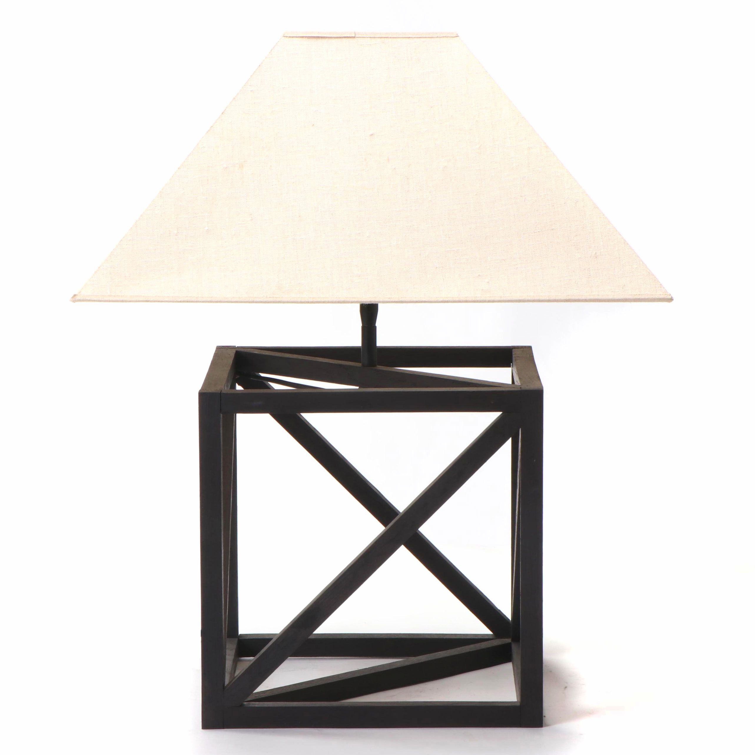 Modernist Loft Style Ebonized and Slatted Wood Cube-Form Table Lamp