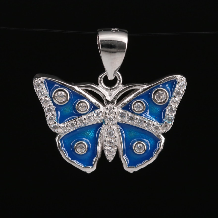 Sterling Silver Enamel and Cubic Zirconia Butterfly Pendant