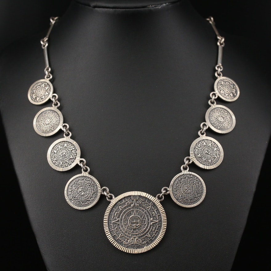 Mexican Sterling Silver Mayan Calendar Motif Fringe Necklace