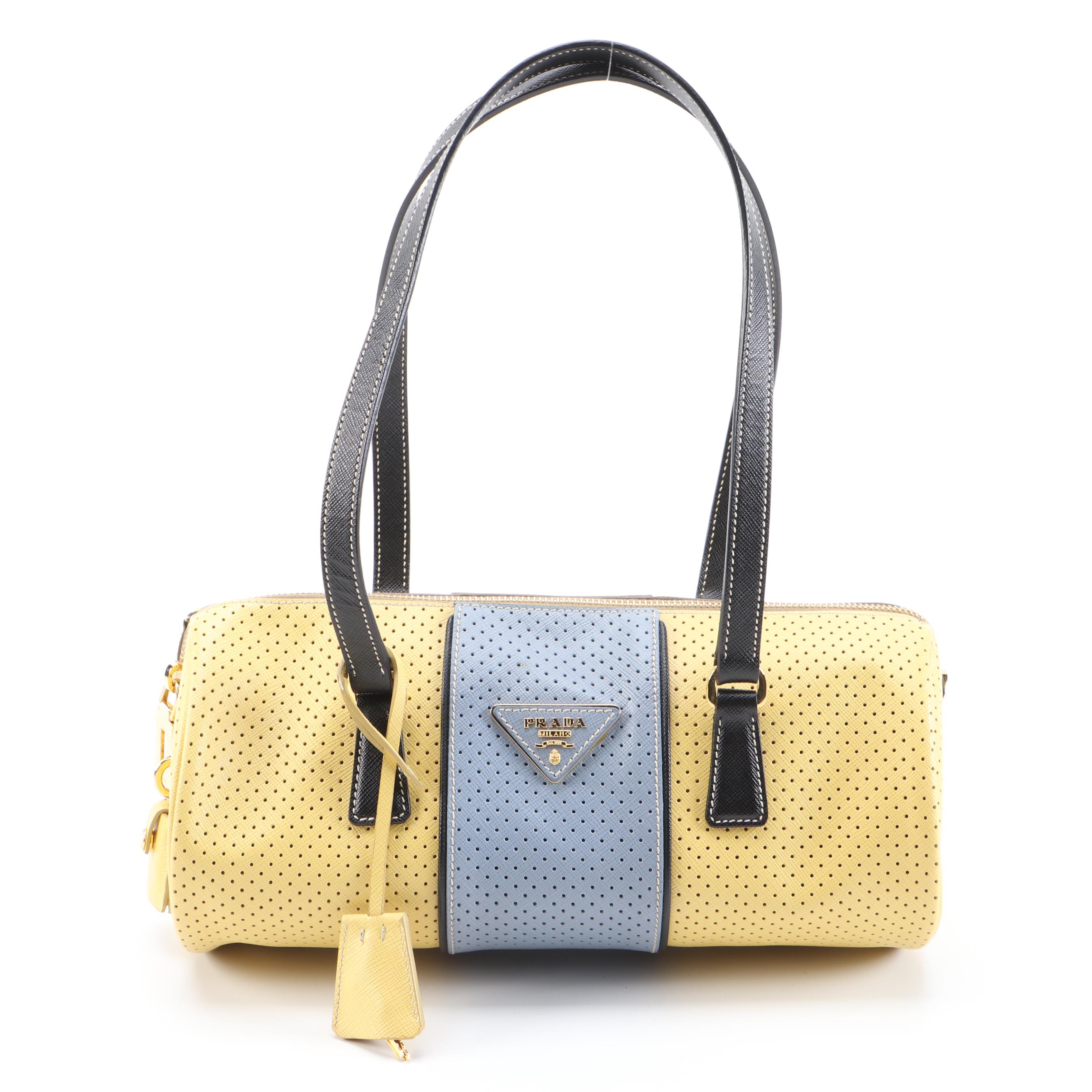 Prada Barrel Bag in Color Block Perforated Saffiano Leather