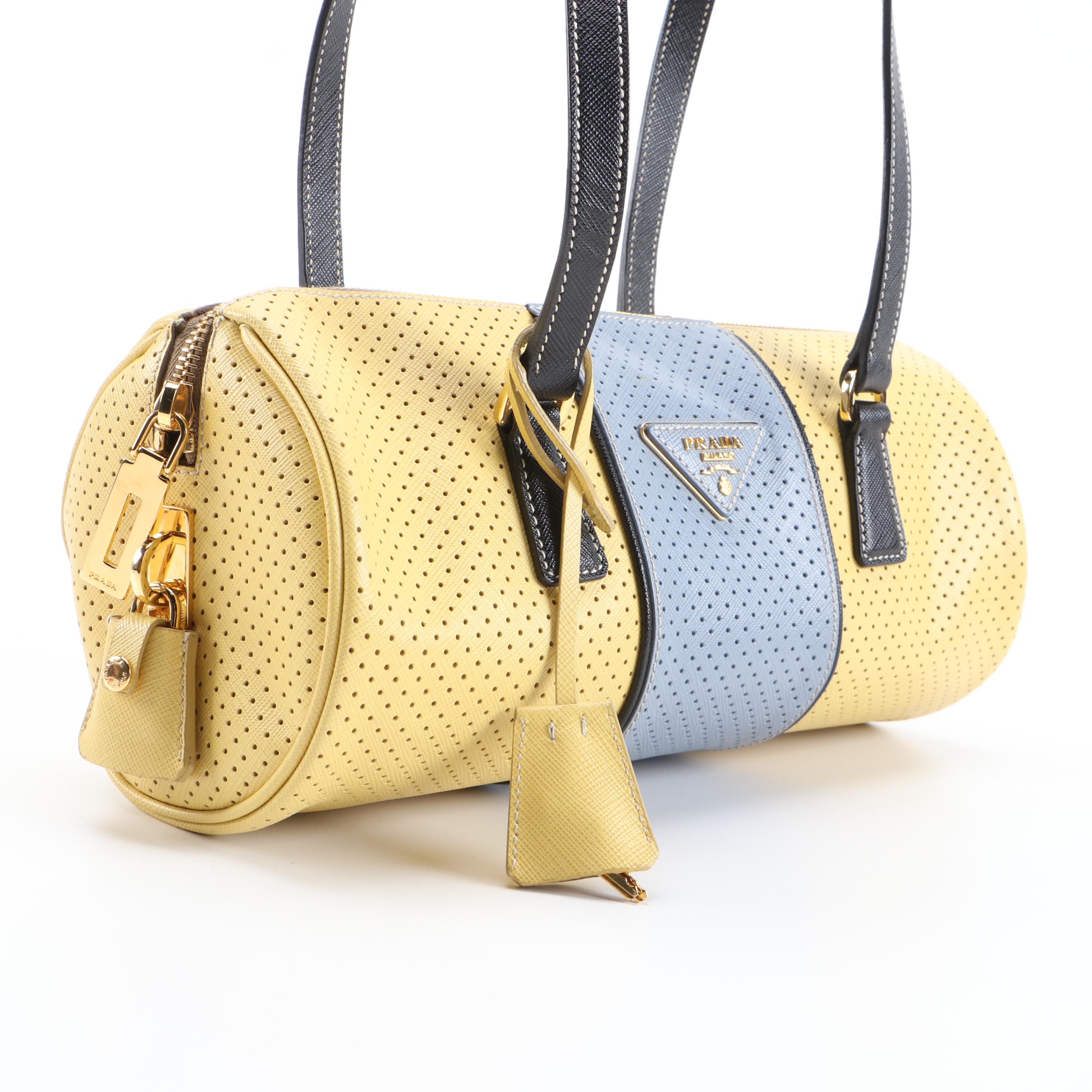 Prada Barrel Bag in Color Block Perforated Saffiano Leather