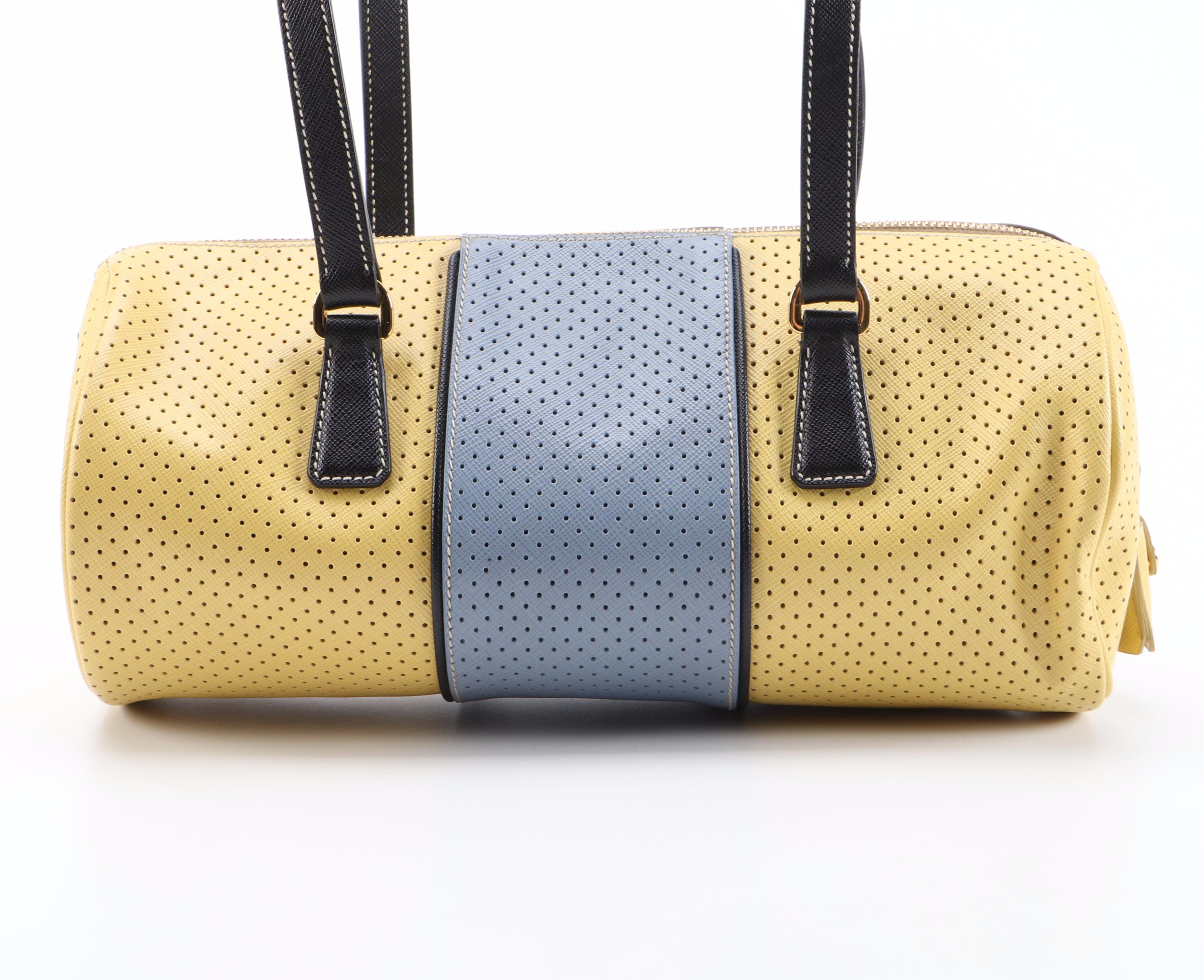 Prada Barrel Bag in Color Block Perforated Saffiano Leather