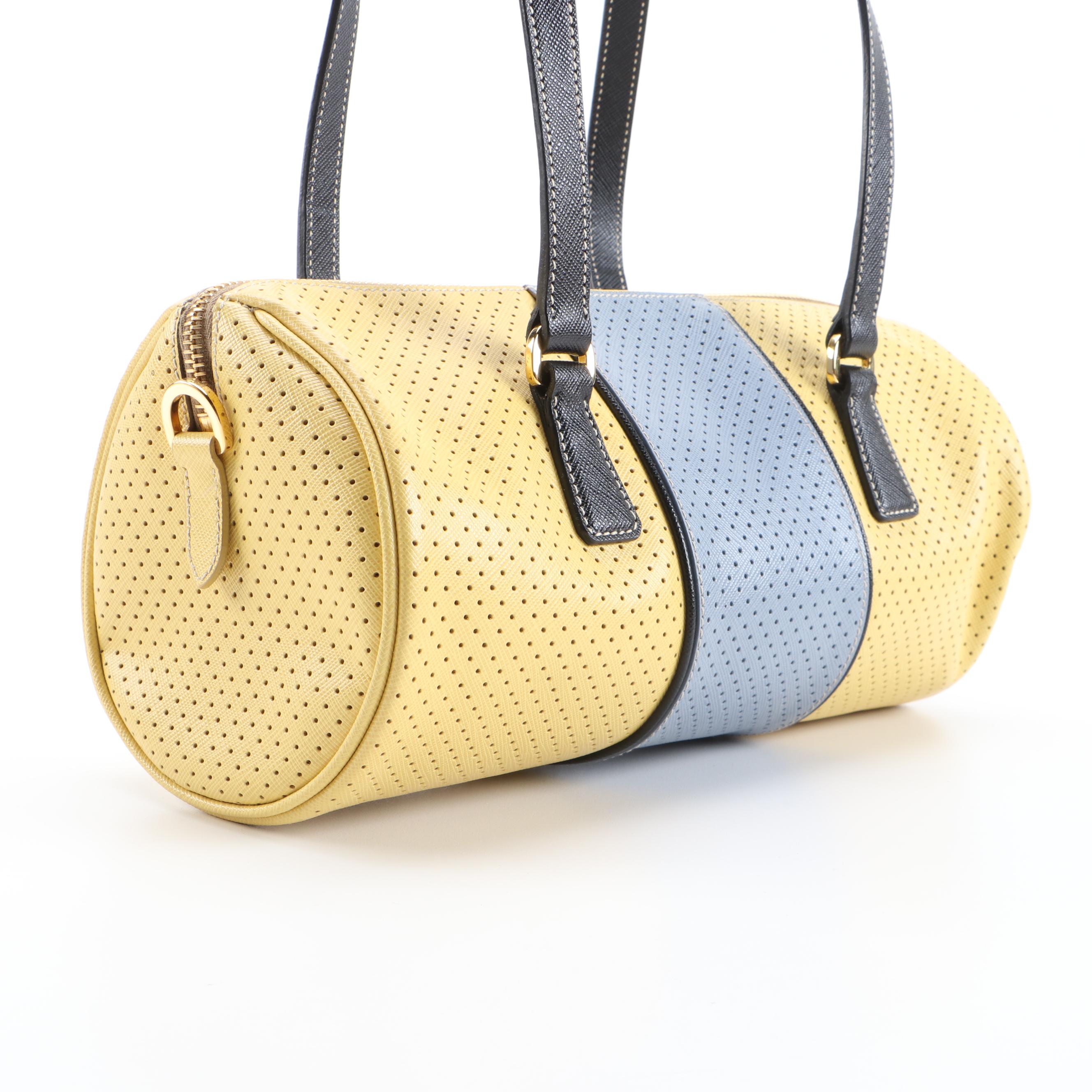 Prada Barrel Bag in Color Block Perforated Saffiano Leather