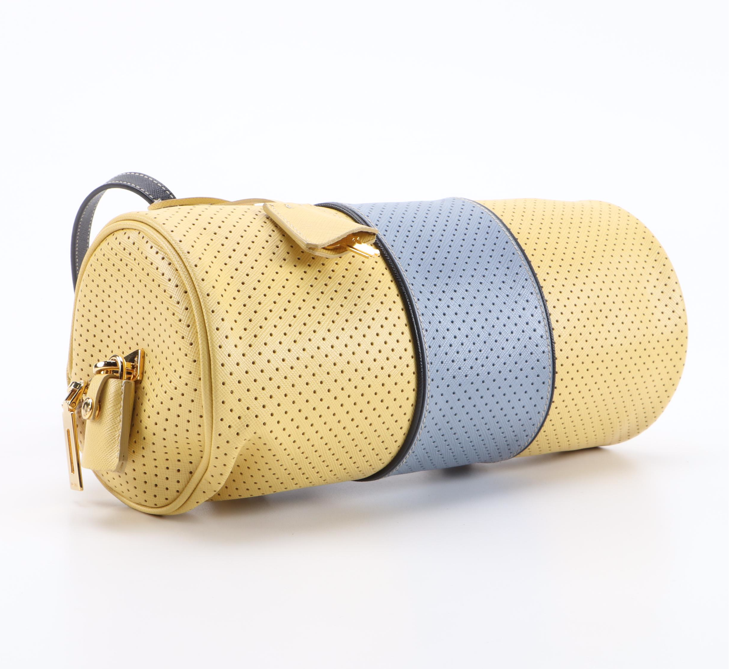 Prada Barrel Bag in Color Block Perforated Saffiano Leather