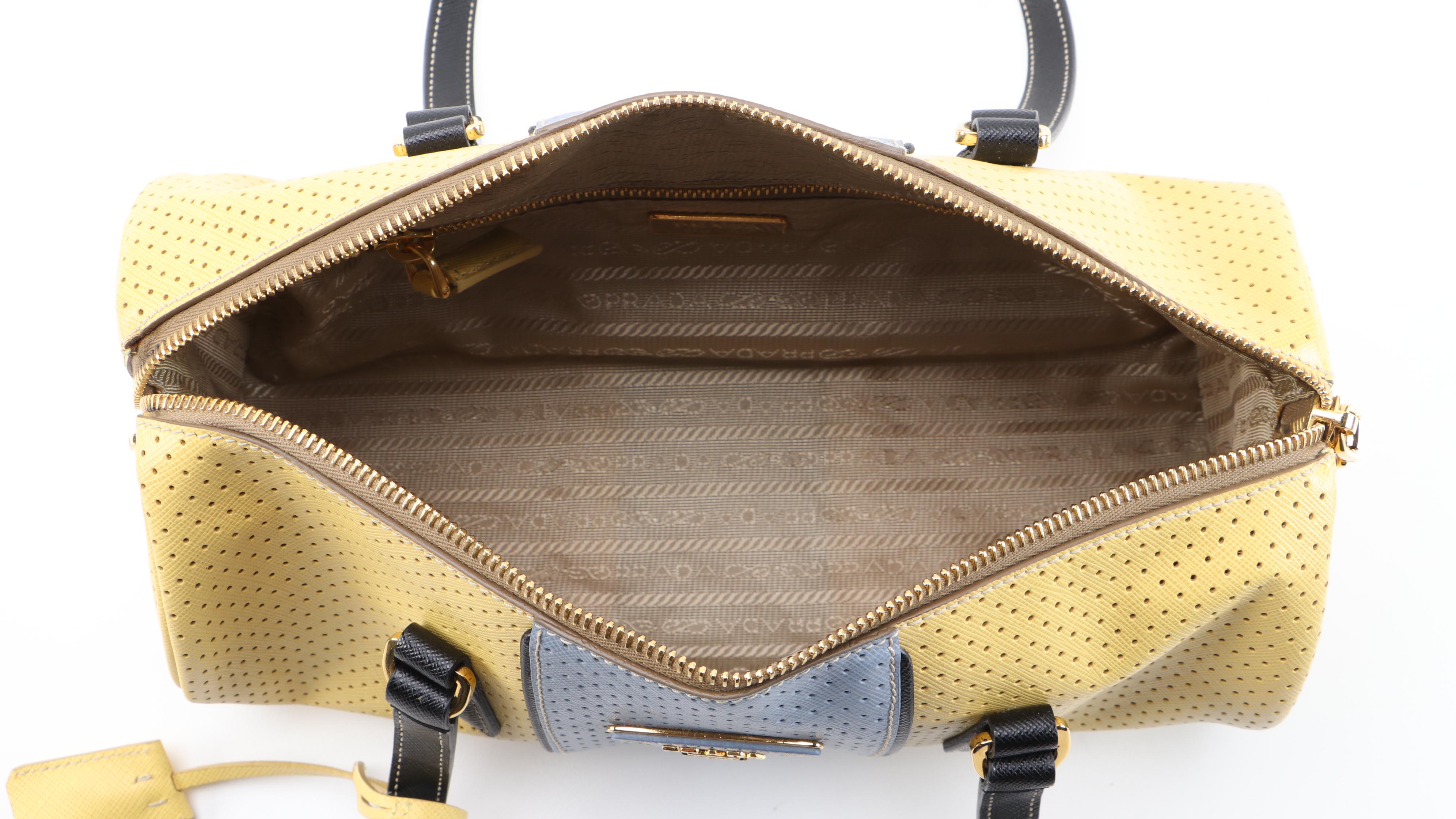 Prada Barrel Bag in Color Block Perforated Saffiano Leather