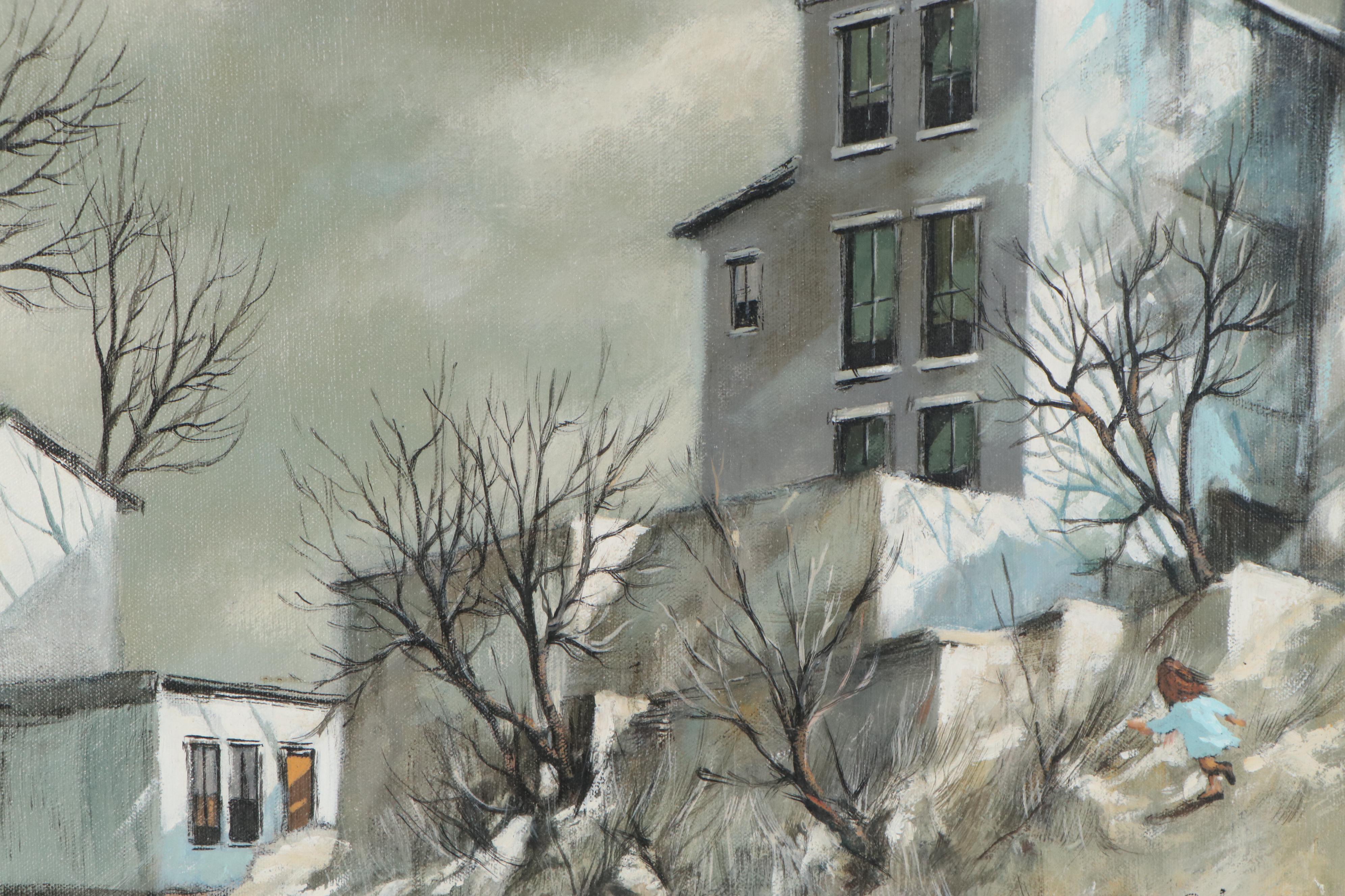 Robert Fabe Oil Painting of Neighborhood, Late 20th Century