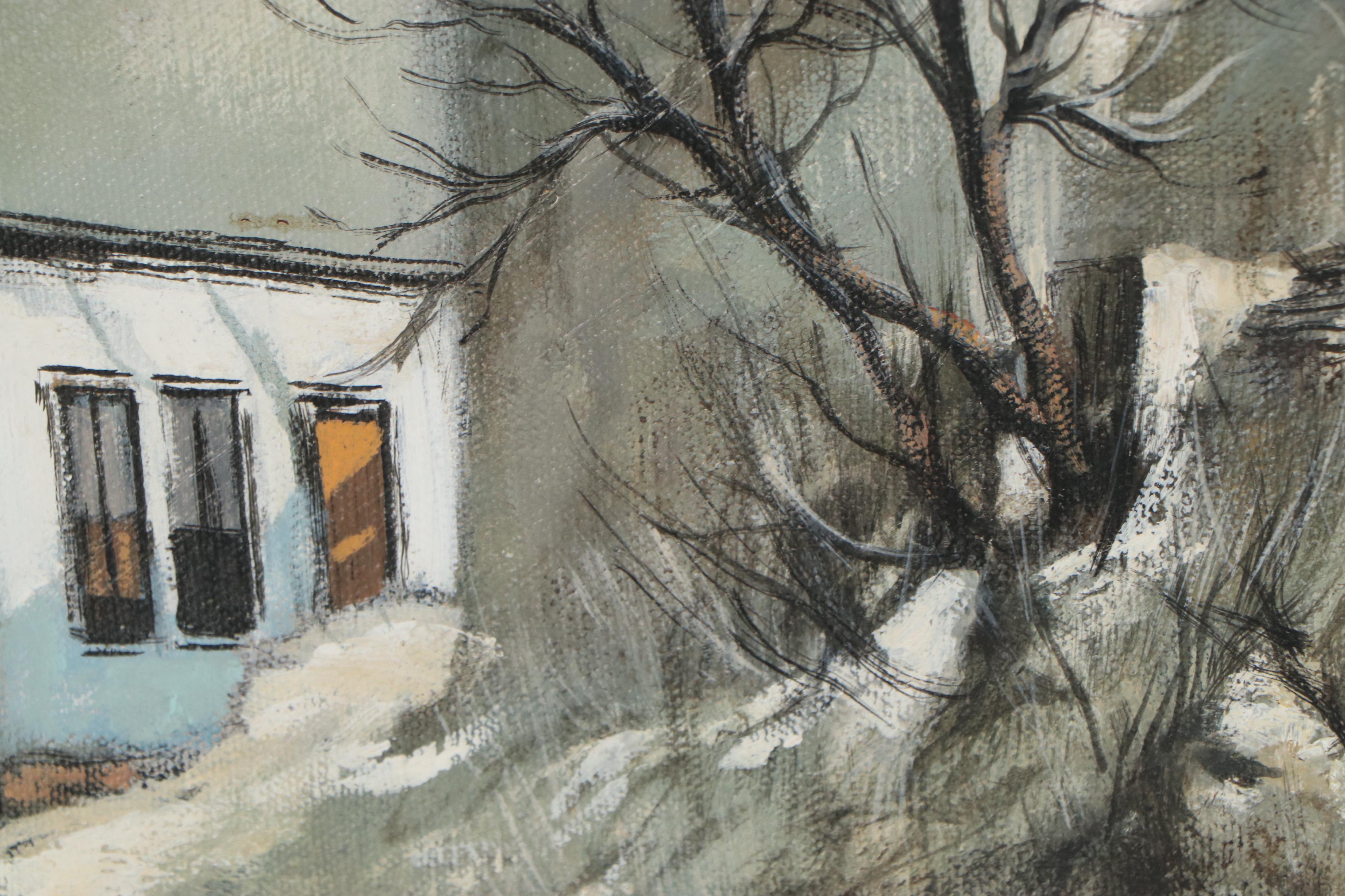 Robert Fabe Oil Painting of Neighborhood, Late 20th Century