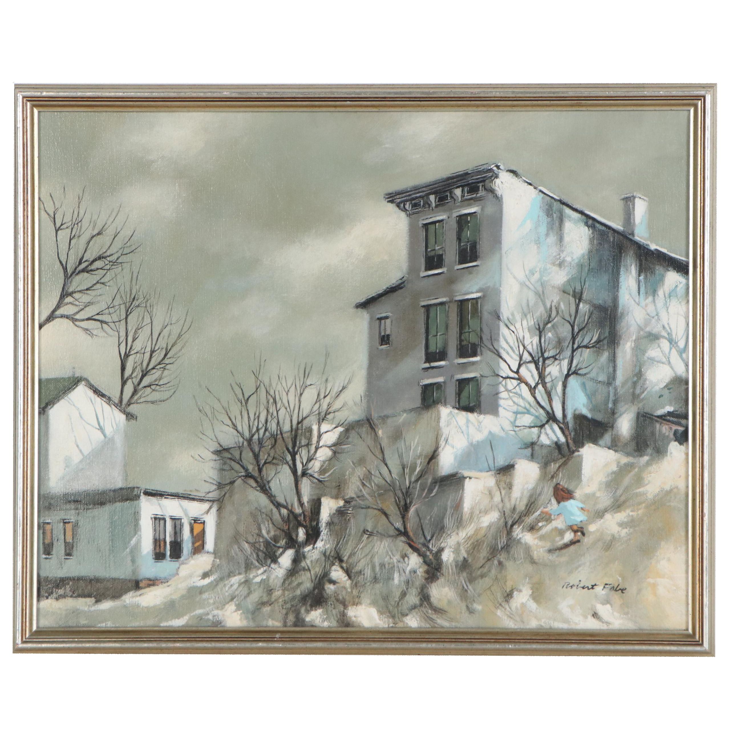 Robert Fabe Oil Painting of Neighborhood, Late 20th Century