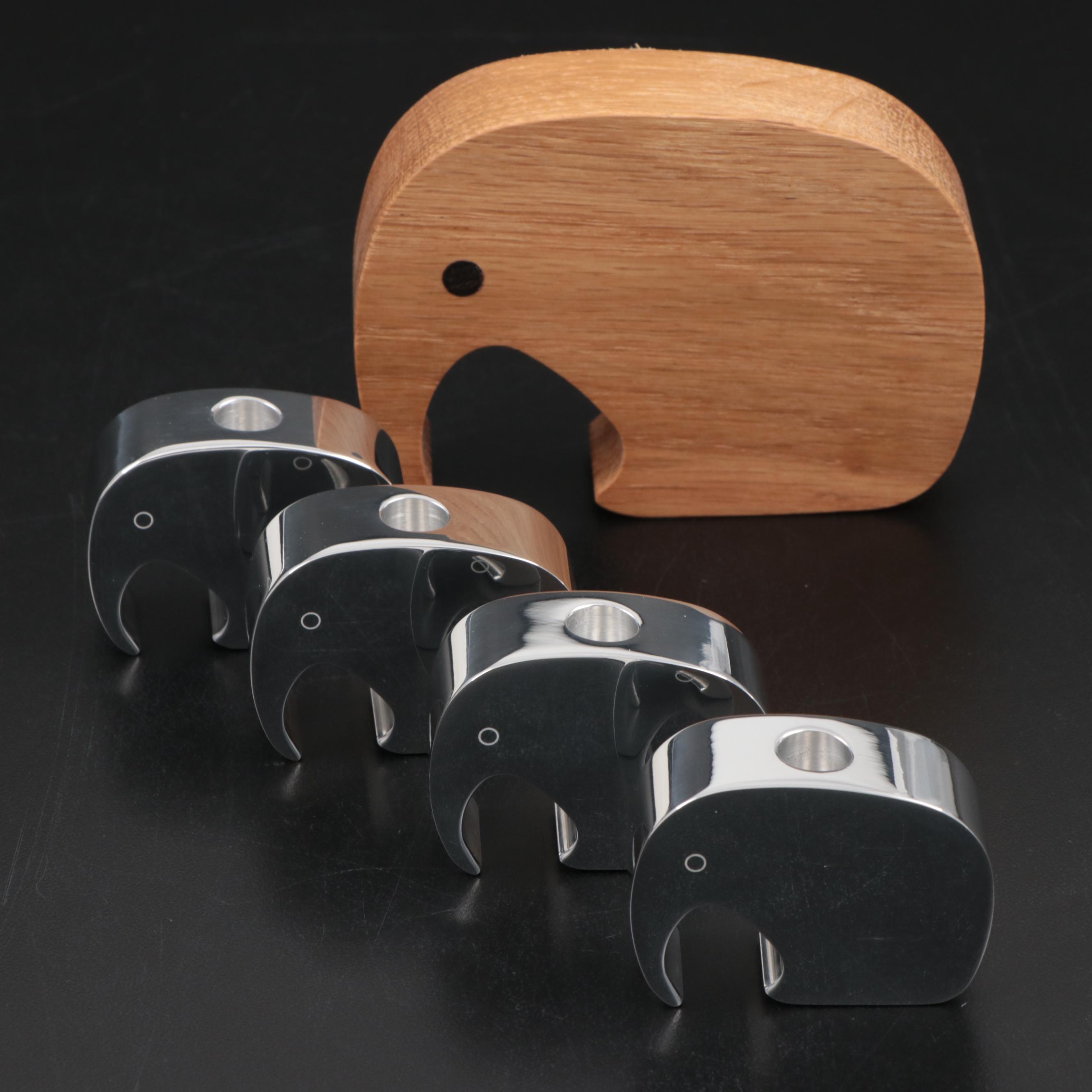 Georg Jensen Oak Elephant Figurine and Stainless Steel Candle Holders