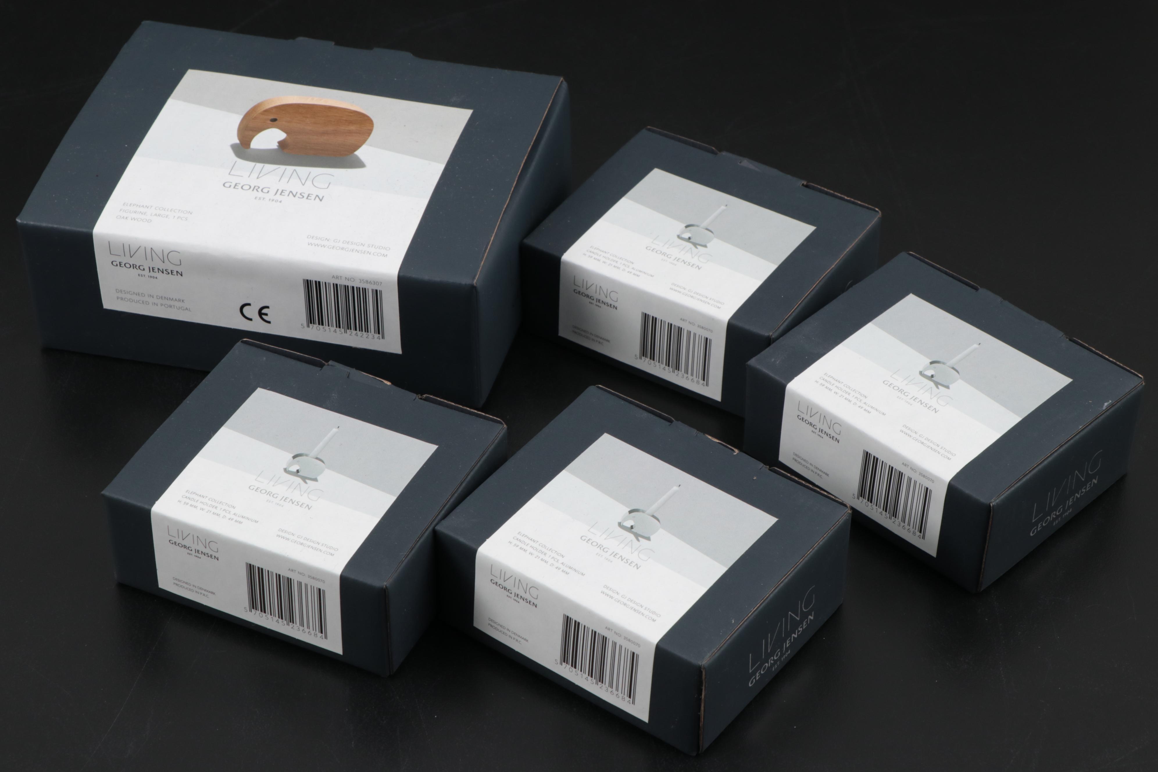 Georg Jensen Oak Elephant Figurine and Stainless Steel Candle Holders