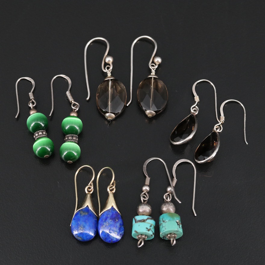 Selection of Sterling Earrings with Smoky Quartz, Turquoise and Lapis Lazuli
