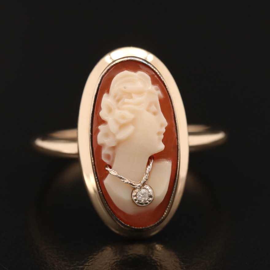 Vintage 10K Carved Shell Cameo and Diamond Habillé Ring