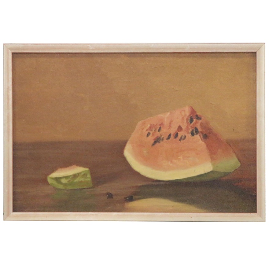 Still Life Oil Painting with Watermelon, Early 20th Century