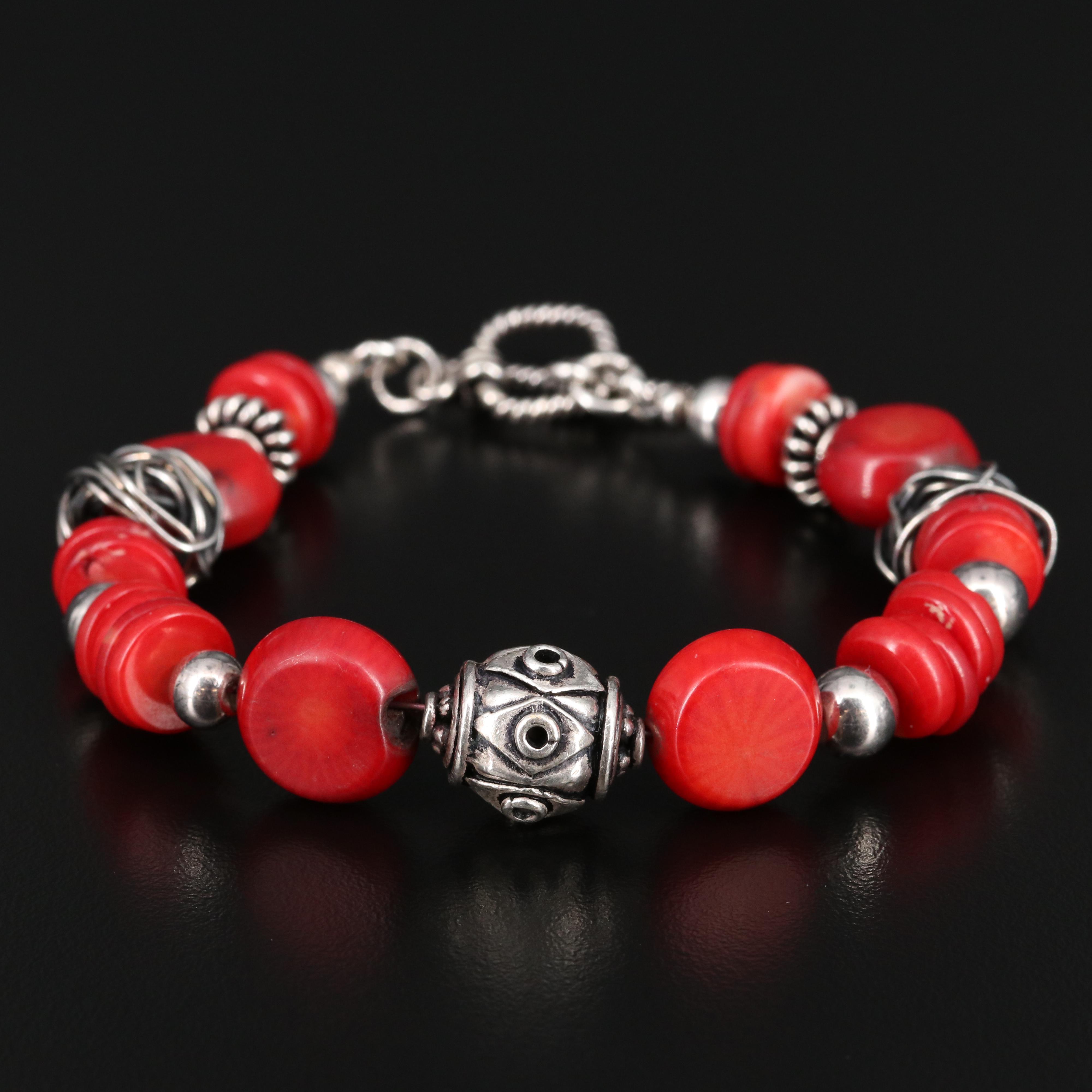 950 Silver Beaded Coral Bracelet with Sterling Silver Clasp