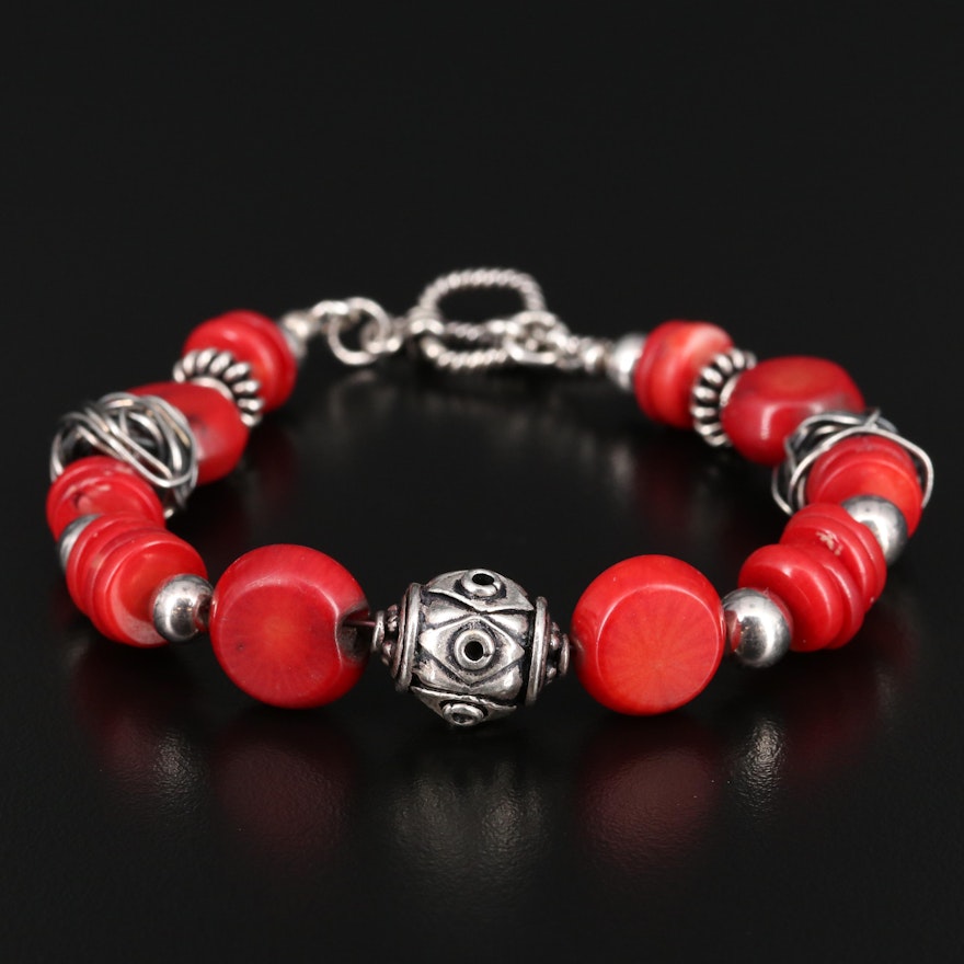 950 Silver Beaded Coral Bracelet with Sterling Silver Clasp