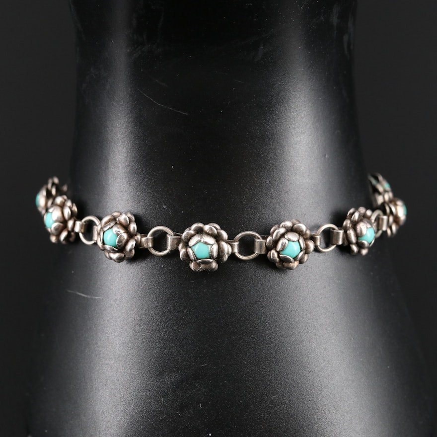 Mexican Sterling Silver Turquoise Floral Bracelet