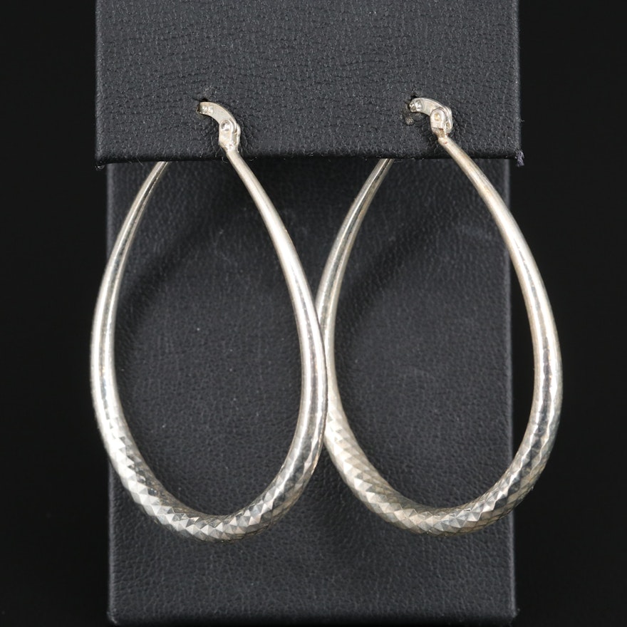 Sterling Textured Pear Shaped Hoop Earrings