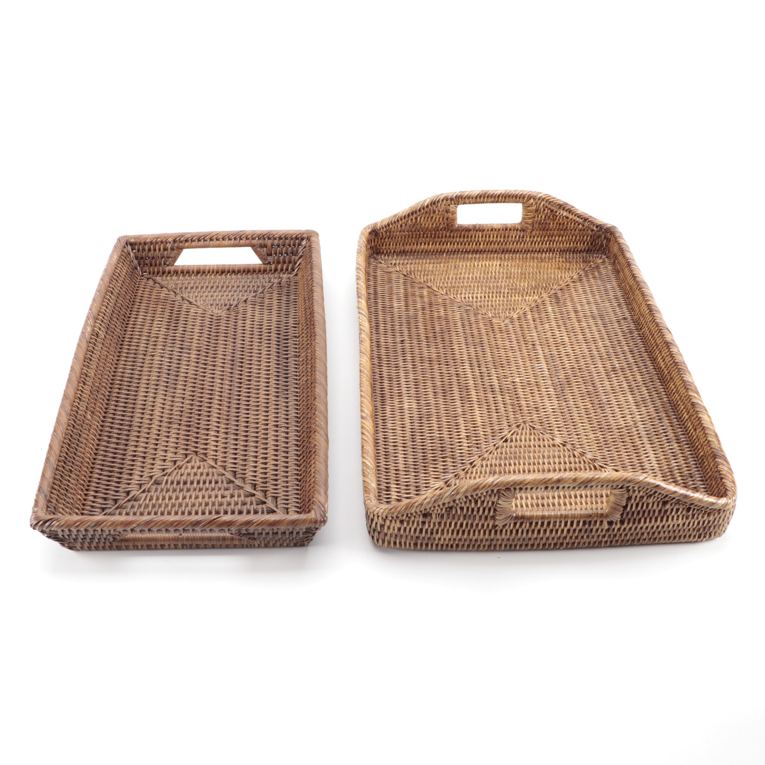 Mid Century Modern Teak Serving Trays with Wicker Tableware