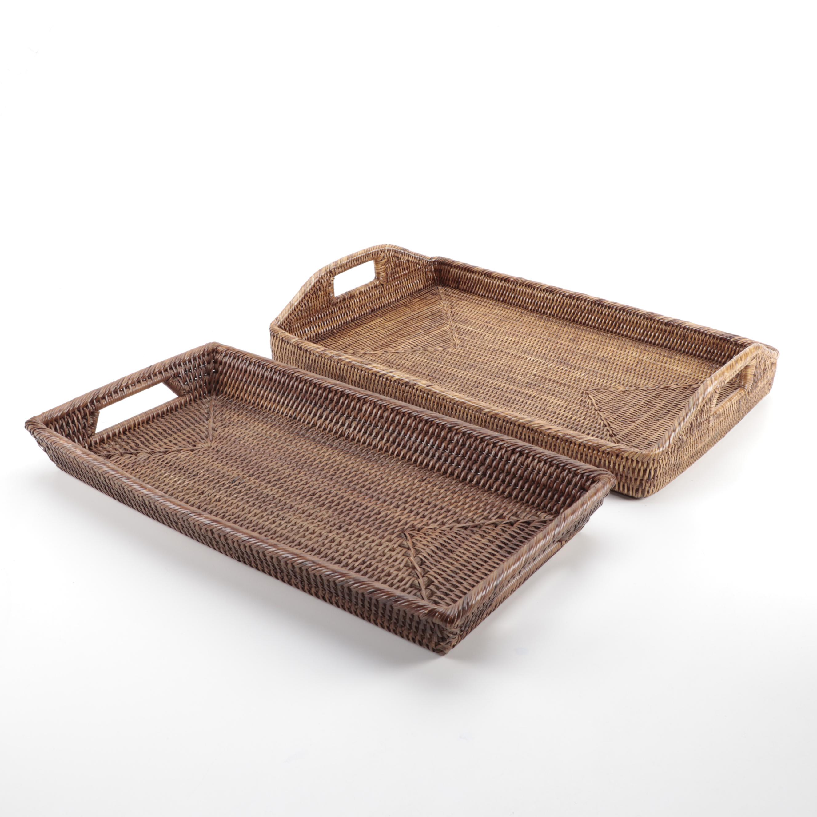 Mid Century Modern Teak Serving Trays with Wicker Tableware