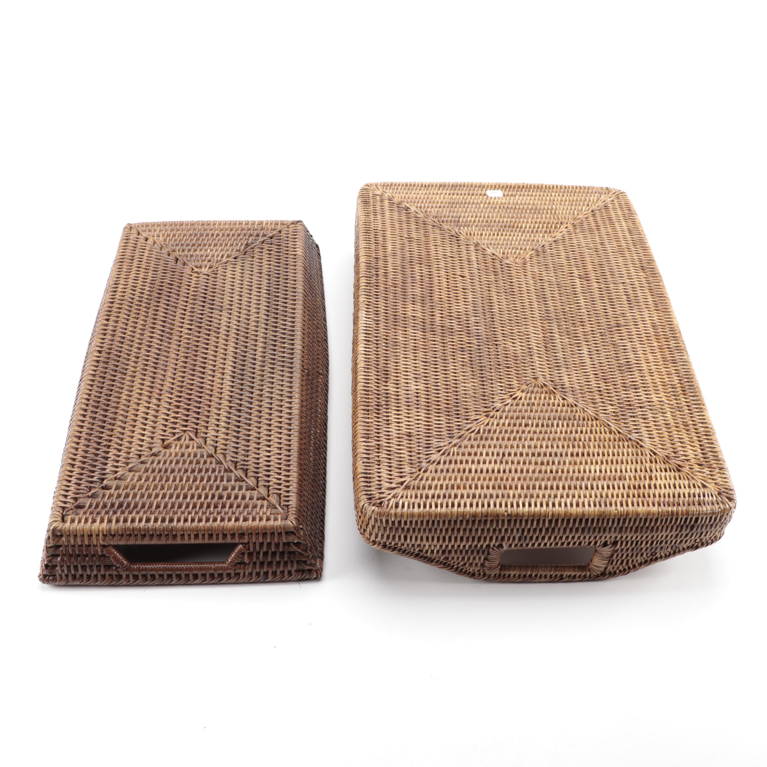 Mid Century Modern Teak Serving Trays with Wicker Tableware