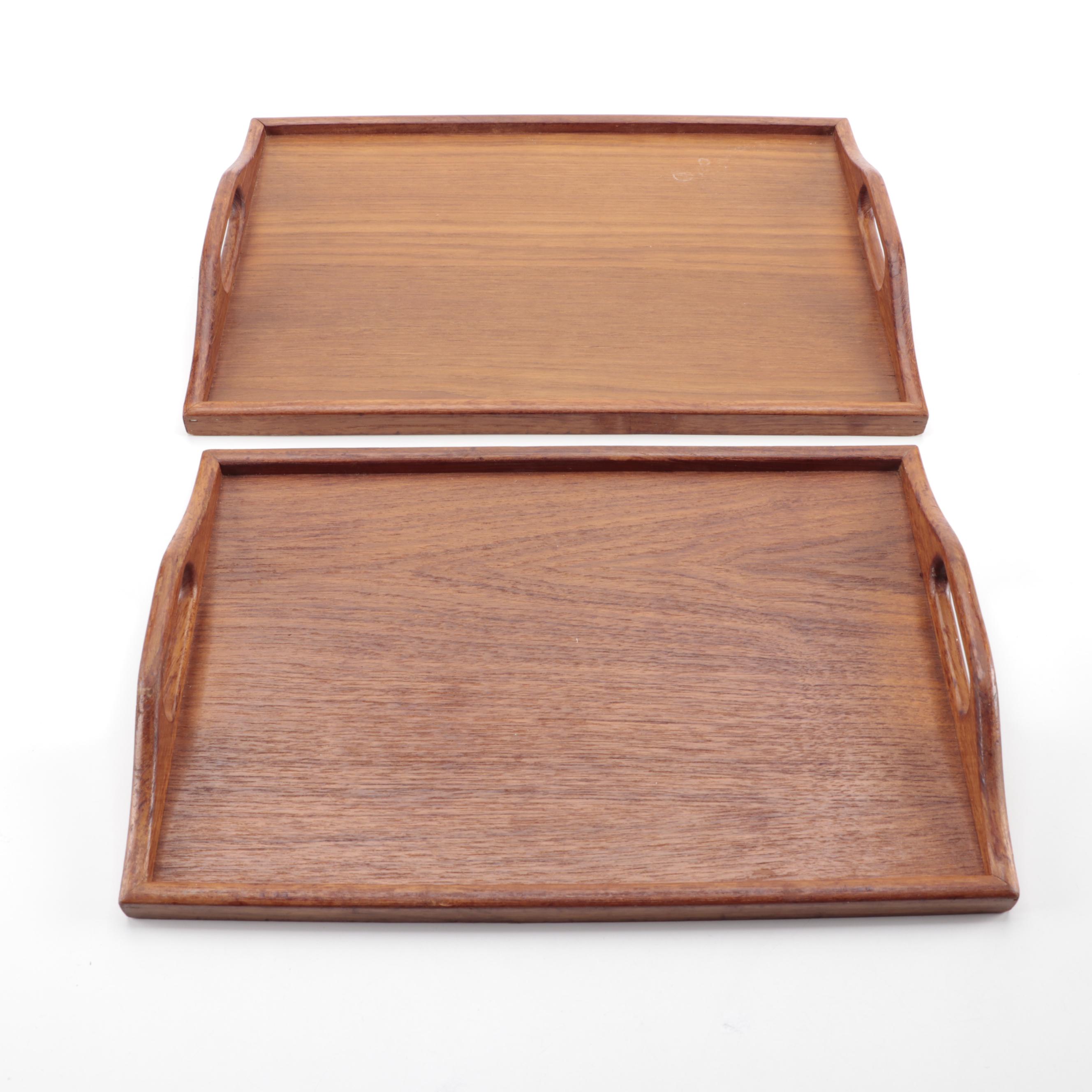 Mid Century Modern Teak Serving Trays with Wicker Tableware