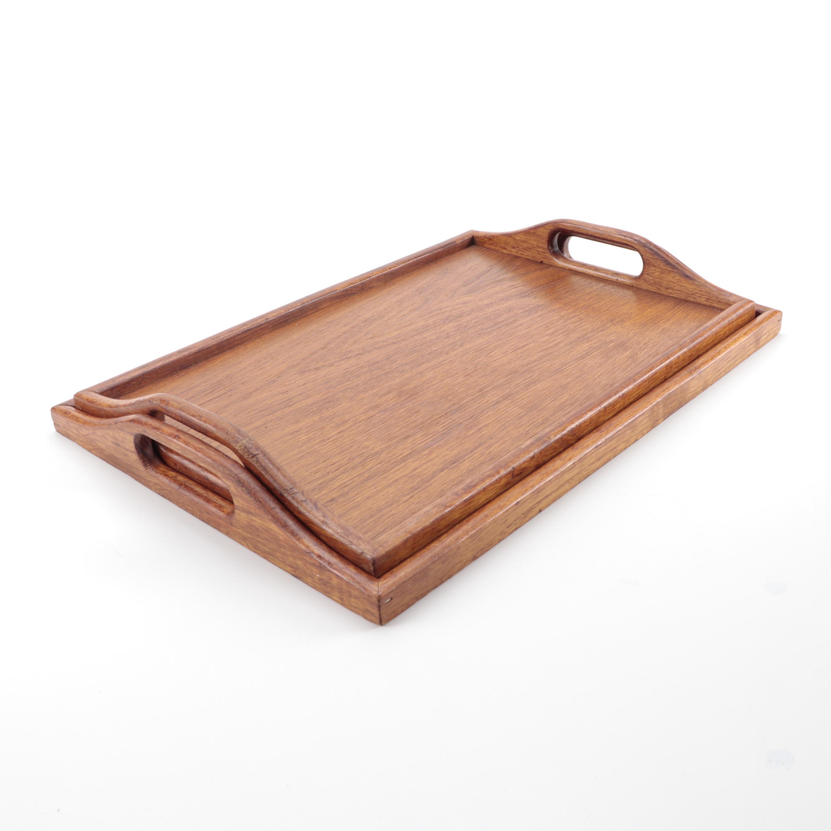 Mid Century Modern Teak Serving Trays with Wicker Tableware