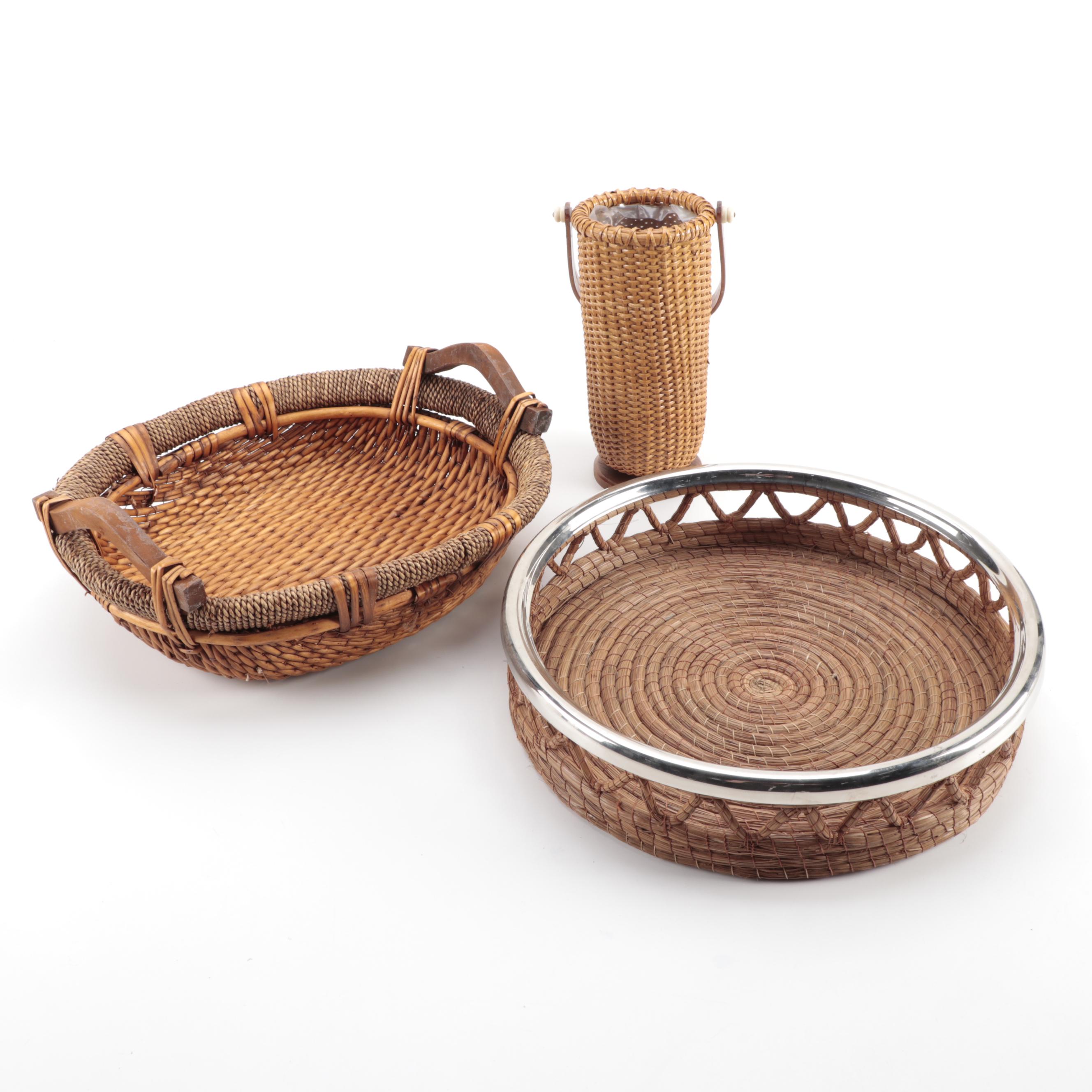 Mid Century Modern Teak Serving Trays with Wicker Tableware