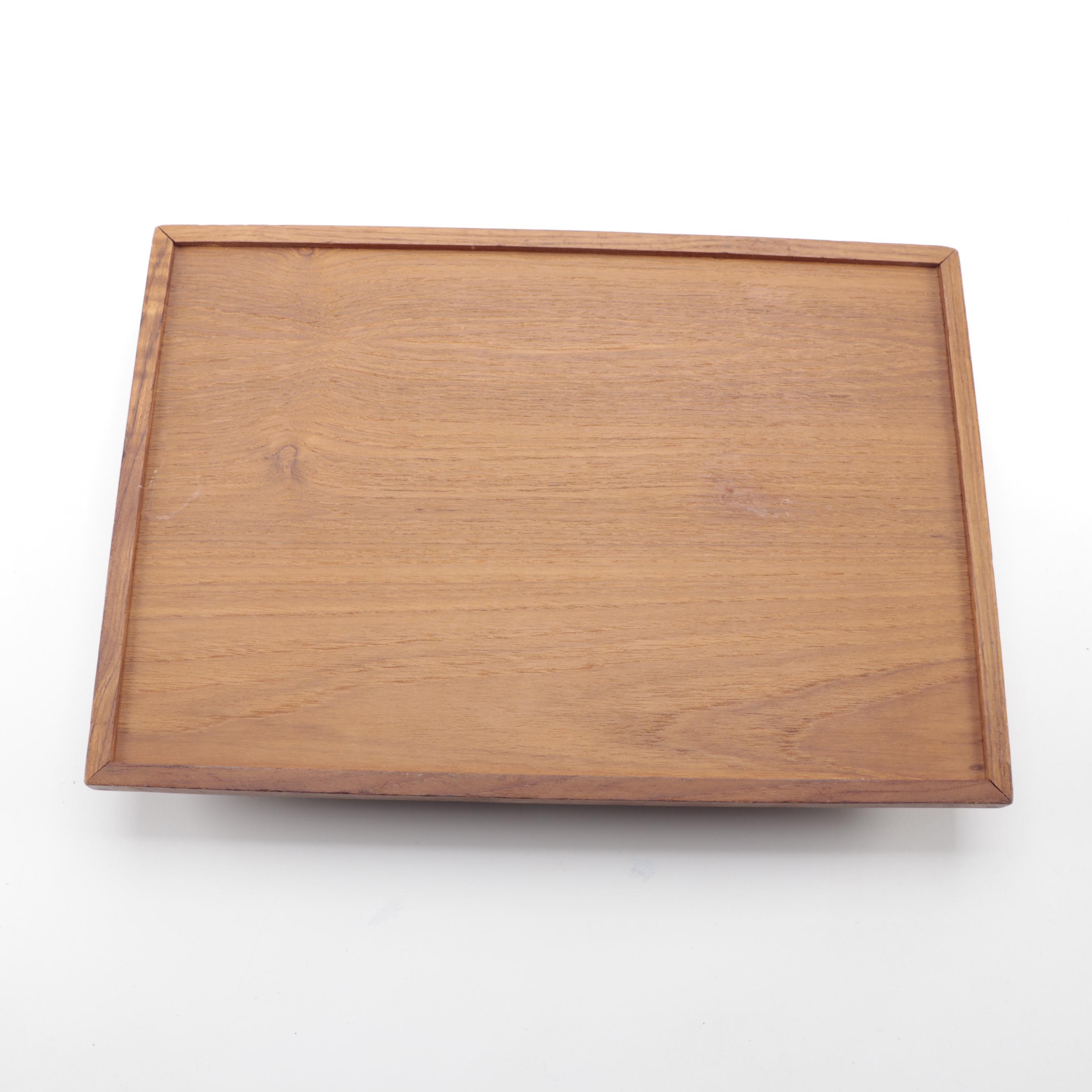 Mid Century Modern Teak Serving Trays with Wicker Tableware