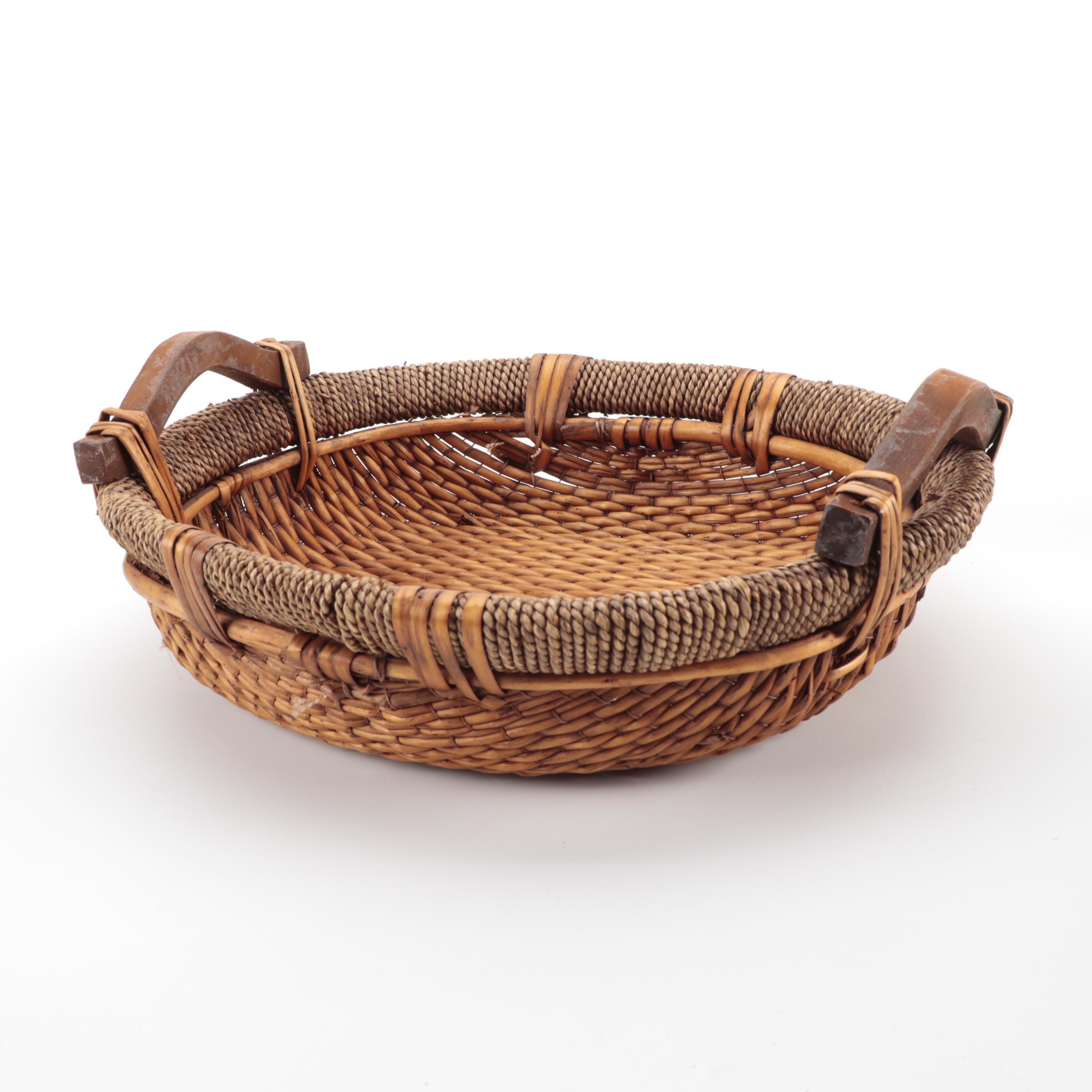 Mid Century Modern Teak Serving Trays with Wicker Tableware