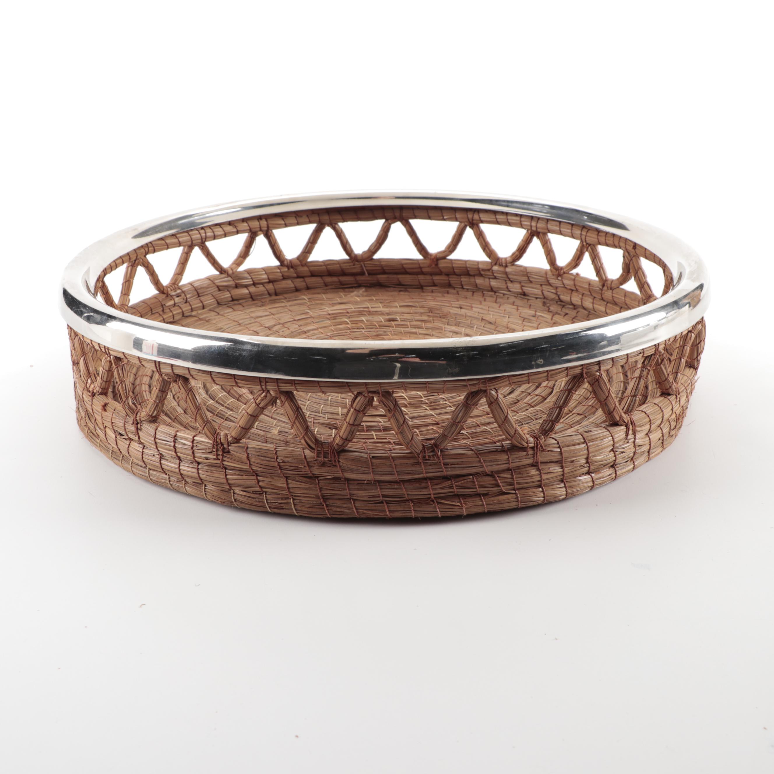 Mid Century Modern Teak Serving Trays with Wicker Tableware