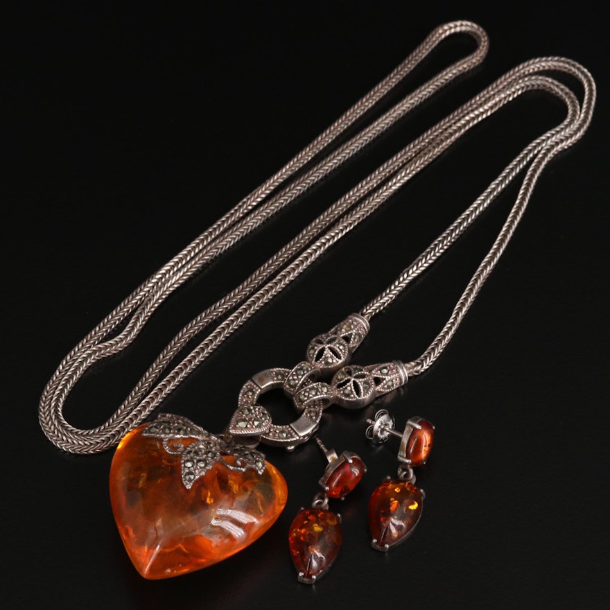 Sterling Silver Marcasite, Amber Pendant Necklace with Amber Earrings