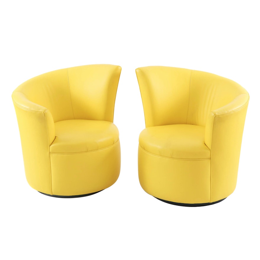 Pair of Modernist Lemon Yellow Leather Asymmetrical Back Swivel Chairs
