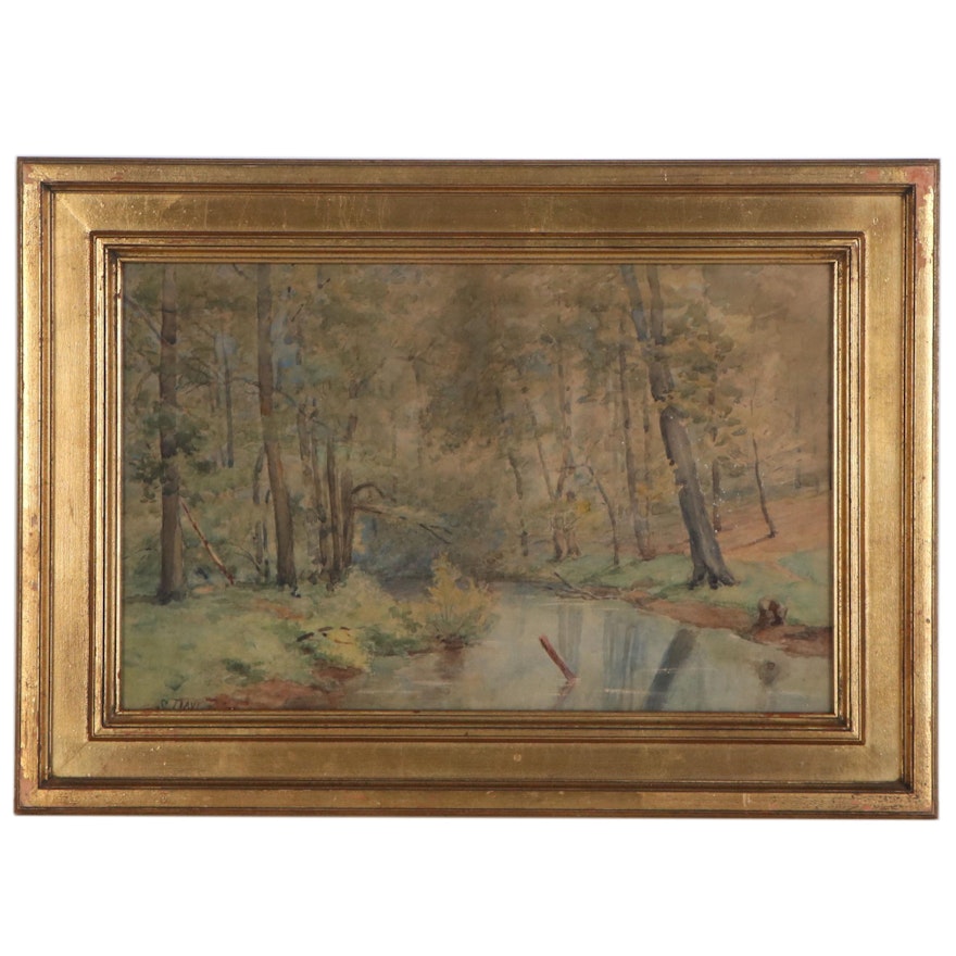 Wooded Landscape Watercolor Painting, Early 20th Century