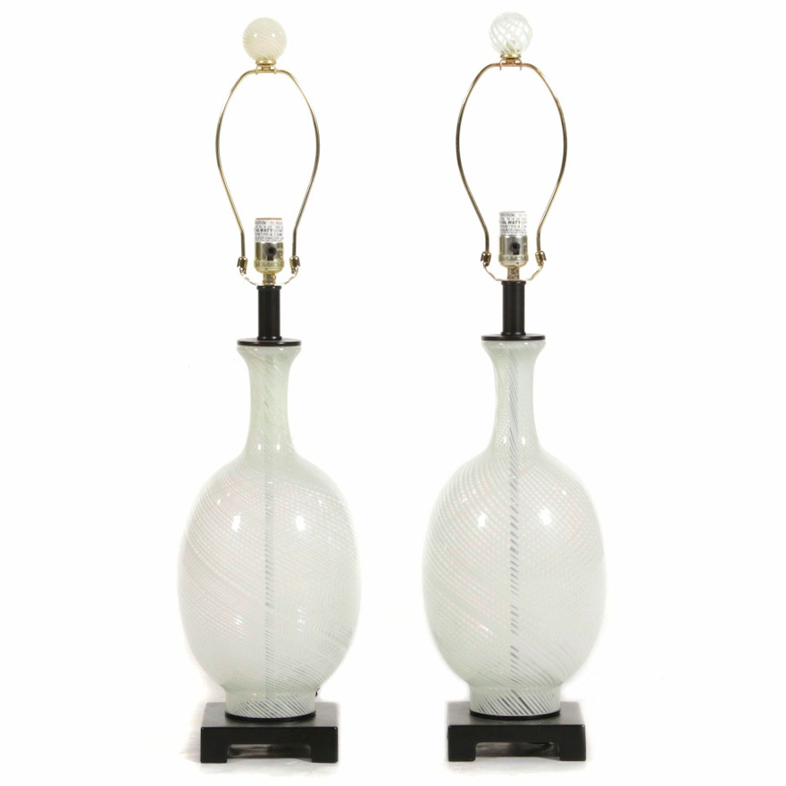 Pair of Blown Glass Mezza Filigrana Glass Lamps