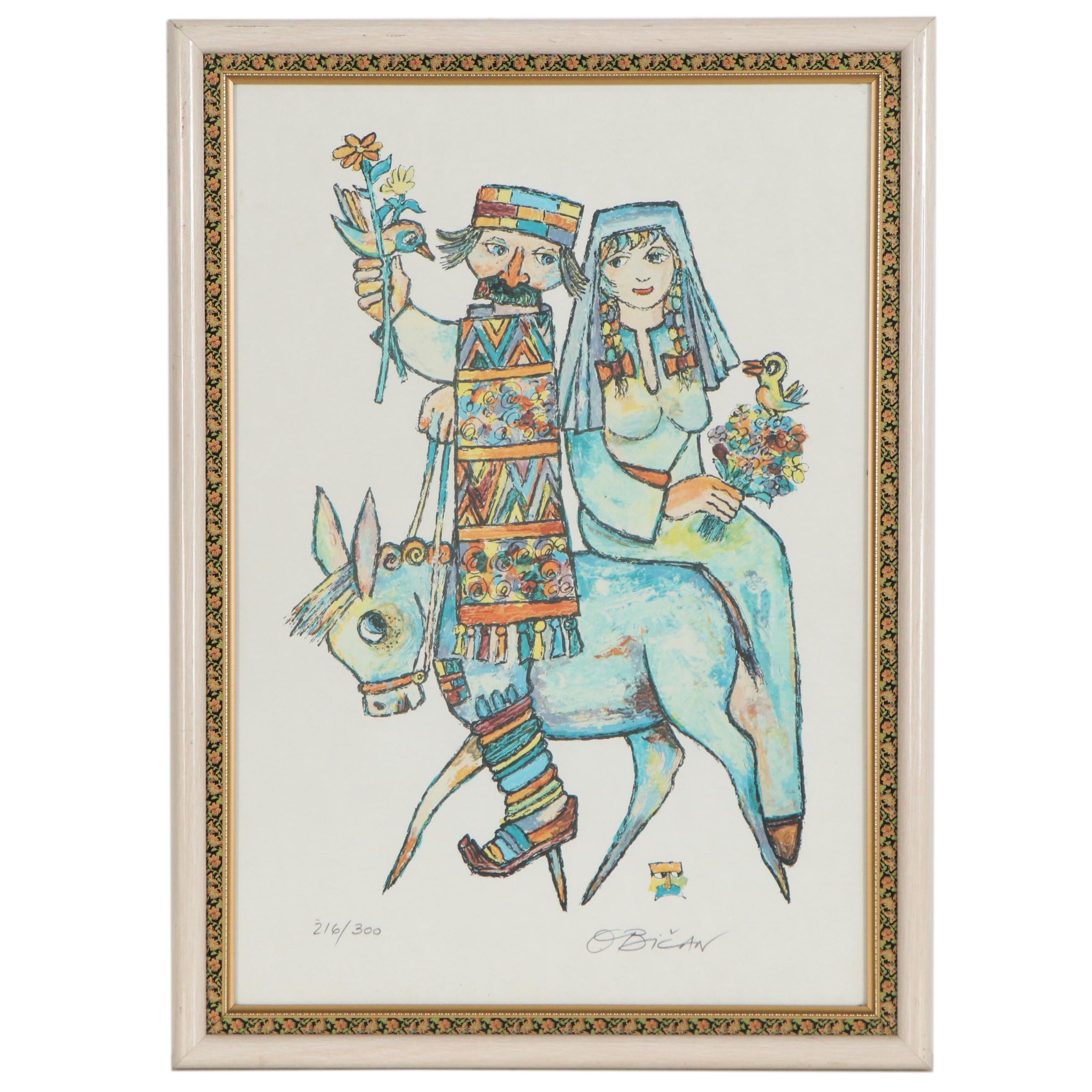 Jovan Obican Lithograph "Celebration," Mid-20th Century