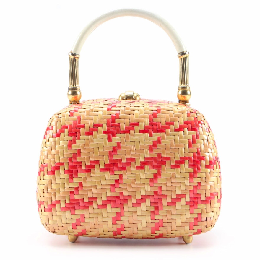 Koret Woven Wicker Handbag with Red Leather Interior