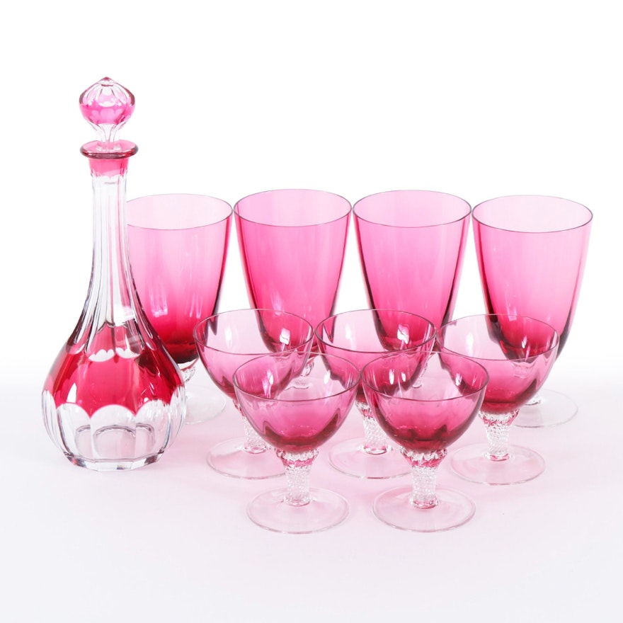 Cranberry Venetian Glass Stemware with Decanter, Mid-20th Century