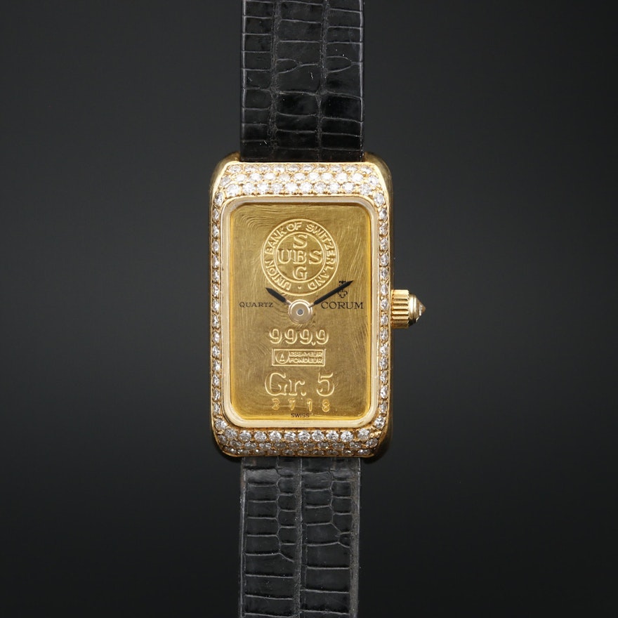 Corum 18K and Diamond Quartz Wristwatch with Five Gram Fine Gold Ingot Dial