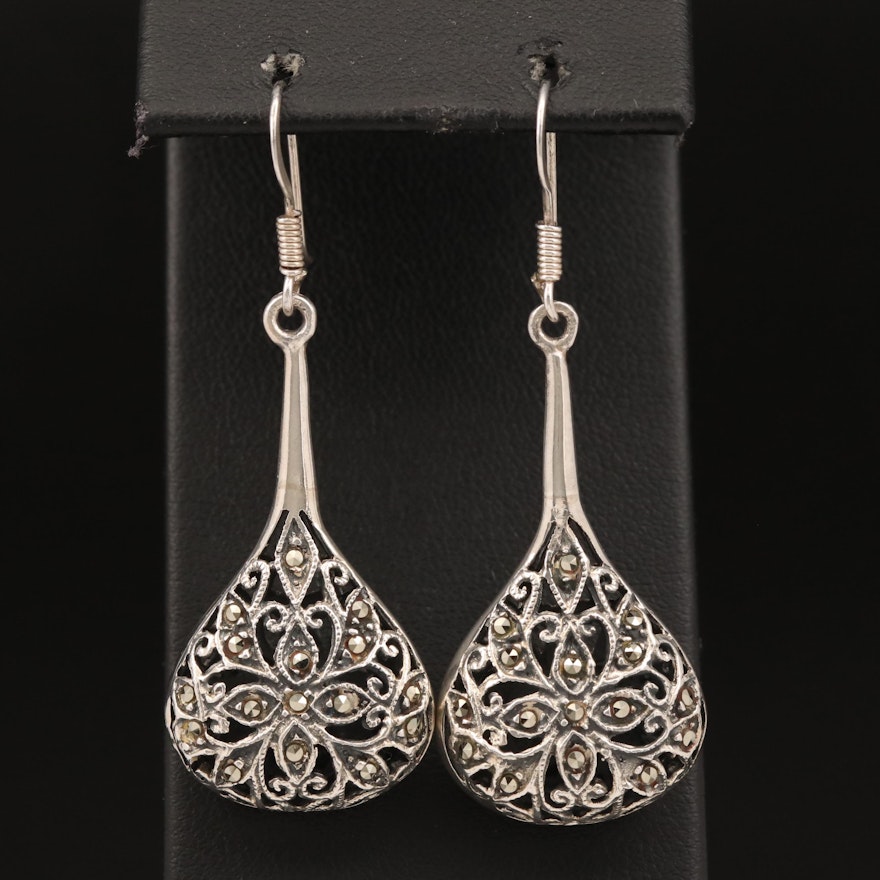 Sterling Silver Marcasite Drop Earrings with Openwork Design