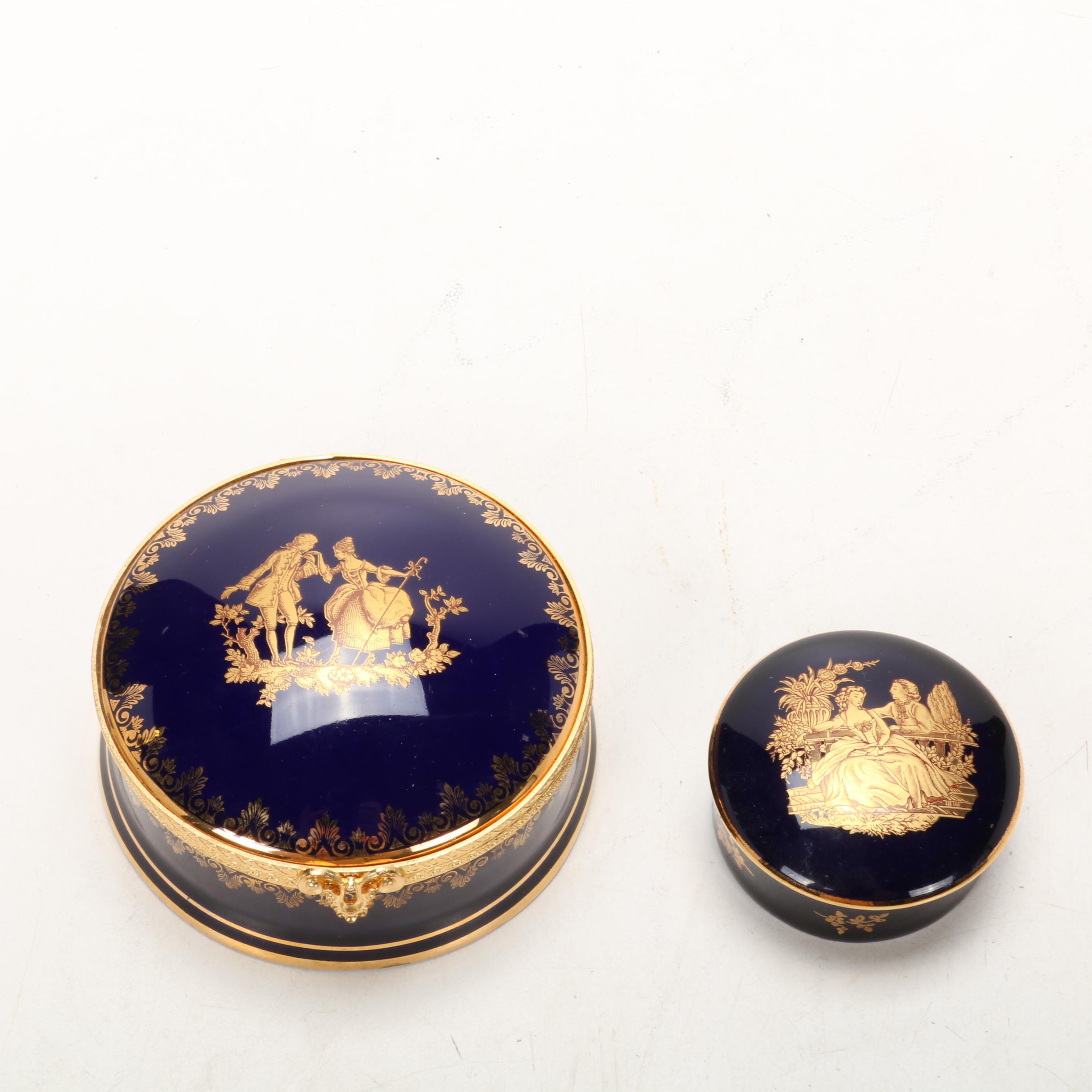 Castel Limoges Porcelain Gold Painted Rococo Motif Vanity Boxes, Mid-Late 20th C