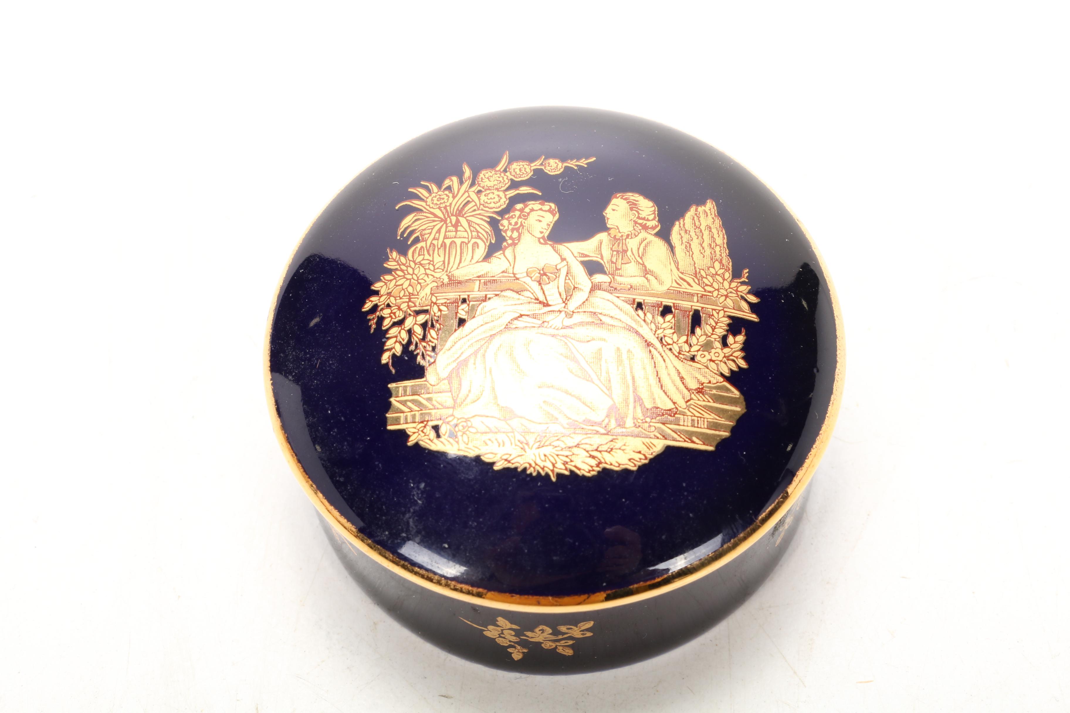 Castel Limoges Porcelain Gold Painted Rococo Motif Vanity Boxes, Mid-Late 20th C